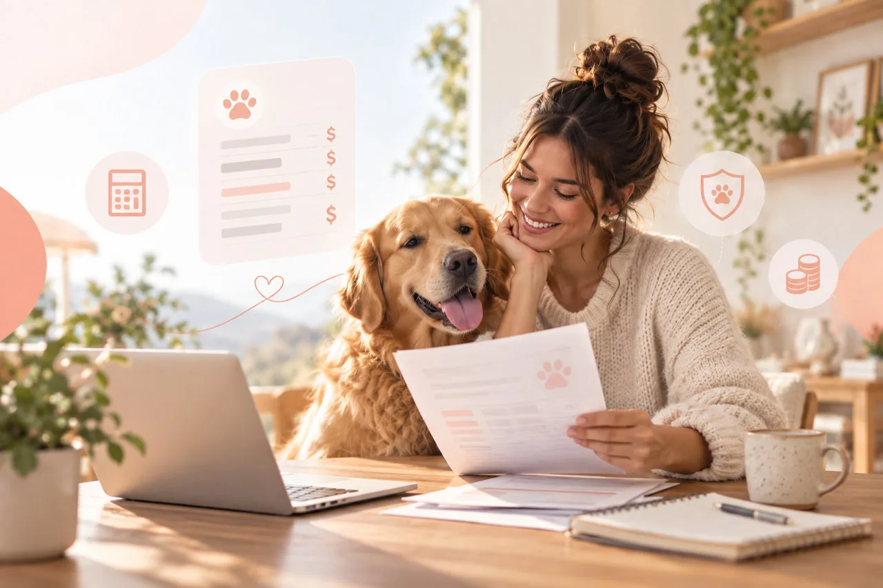 Owner comparing papers beside a dog and an open laptop